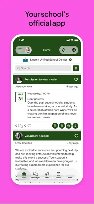 School feed with a film permission post and a volunteer request