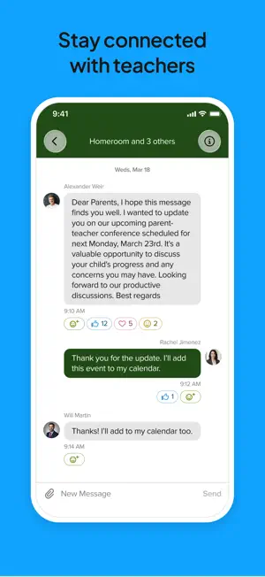 Group thread about a parent-teacher conference with reactions