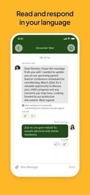 The same message translated into Spanish with a reply below