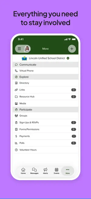 More menu listing forms, payments, polls and volunteer hours