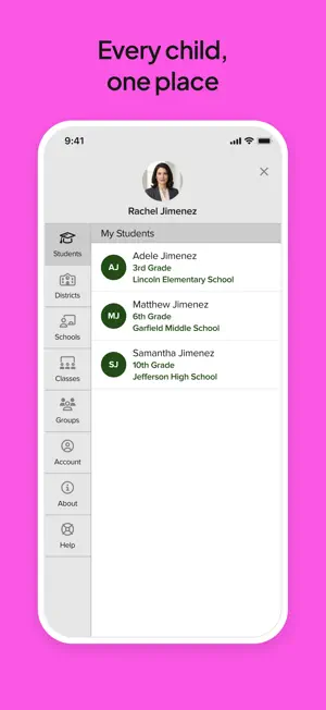 Account switcher listing three children at three schools
