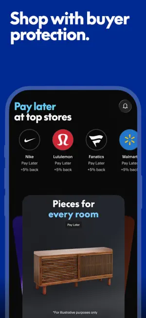 Pay Later row for Nike, Lululemon, Fanatics and Walmart with 5% back