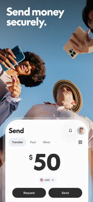 Send screen set to $50 in USD with Request and Send buttons