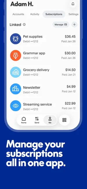 Subscriptions tab listing five recurring charges and what each cost