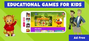 PBS KIDS Games home screen on a phone: character portraits down the left edge, The County Fair game banner and a New Games row, beside Daniel Tiger and the Kratt brothers, labeled Ad Free
