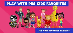 Lineup of PBS KIDS characters including Carl the raccoon, the Kratt brothers, Xavier Riddle, Alma, Donkey Hodie, Pinkalicious, Daniel Tiger and Big Bird, with an All New Weather Hunters banner