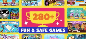 Grid of game tiles including Build-A-Boat, Carl's Collections, Guess Gatita, Step It Out!, Dominoes and Colorrific Art Show around a 280+ Fun and Safe Games trophy