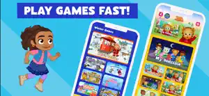 Two phone screens: a Winter Games list led by Drive Trolley, and Daniel Tiger's game page with Look Closely, My Bedtime and Tea Party, next to Alma running