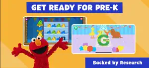 Sesame Street pre-K games: Elmo beside a rubber-duck pattern puzzle and a letter G game with Big Bird, captioned Get Ready for Pre-K and Backed by Research