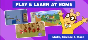 Three game scenes, a castle platform level, a vehicle-building screen and Elmo counting ladybugs, beside Arthur, captioned Play and Learn at Home
