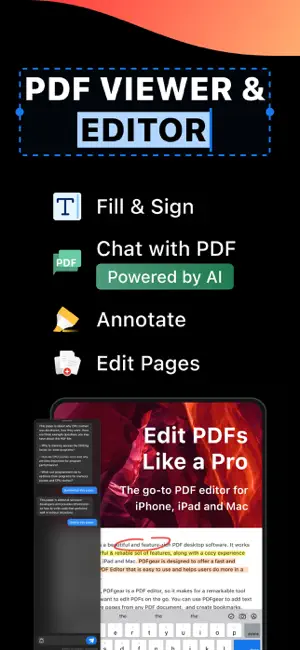 App Store screenshot with the headline PDF Viewer and Editor and a menu of Fill and Sign, Chat with PDF powered by AI, Annotate and Edit Pages