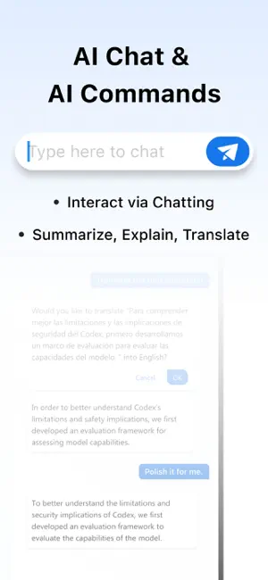 AI Chat and AI Commands screen with a message box, the prompts Summarize, Explain, Translate and a polished text sample below