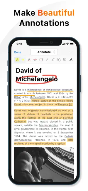 Annotate mode on an iPhone: a PDF page about Michelangelo's David with yellow highlights, red ink circles and an annotation toolbar