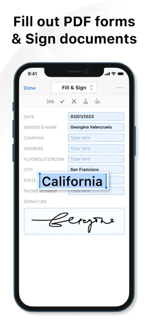 Fill and Sign mode on an iPhone: a PDF form with a typed address field enlarged to show California and a drawn signature box
