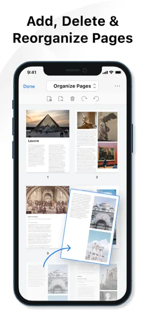 Organize Pages mode: museum-guide page thumbnails with one page dragged to a new position and delete, rotate and undo icons