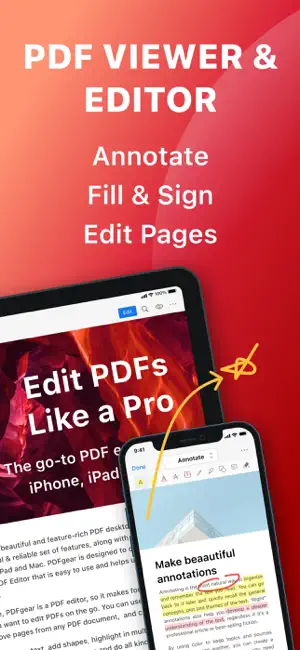 iPad and iPhone side by side on a red background showing a PDF in Annotate mode with a hand-drawn yellow arrow