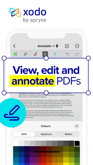 Xodo logo above an iPhone in Annotate mode with a highlight toolbar and a Colours panel offering Grid, Spectrum and Sliders tabs, under the line View, edit and annotate PDFs