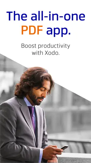 Store promo slide reading The all-in-one PDF app, with a man in a business suit checking his phone against a grey office background