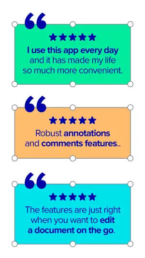 Three five-star quote cards in green, orange and blue praising annotation tools, comments and editing a document on the go