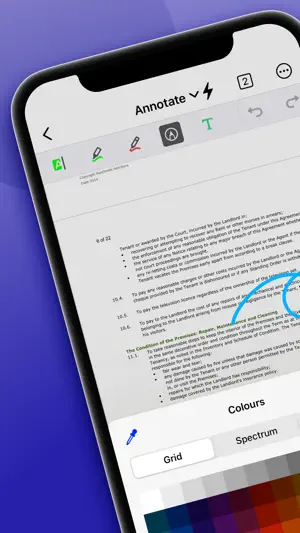 Annotate mode on a tenancy agreement page with a blue freehand circle and a colour grid panel open below the toolbar