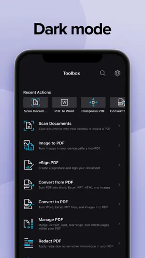 Dark-mode Toolbox listing Scan Documents, Image to PDF, eSign PDF, Convert from PDF, Convert to PDF, Manage PDF and Redact PDF, with PDF to Word and Compress PDF in recent actions