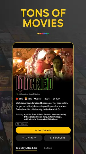 Film detail page for Wicked with critic scores, runtime and a download button