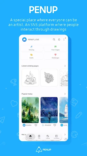PENUP Home tab with Drawing, Post images, Drafts and Challenges shortcuts above Latest coloring pages and Popular today