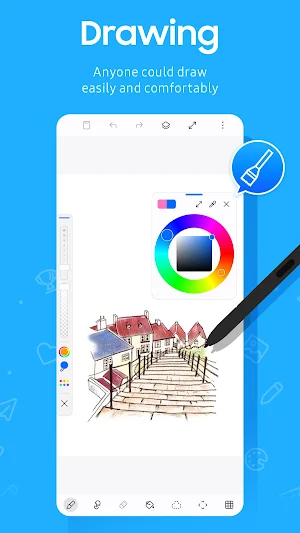 PENUP drawing canvas with a color wheel open over a sketch of hillside houses and steps, an S Pen at the edge