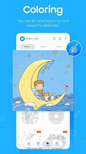 PENUP Coloring tab with Newest, Popular and Books filters and a colored page of children on a crescent moon