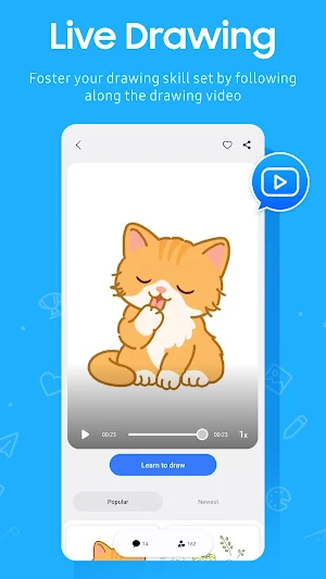 PENUP Live Drawing player showing a cartoon kitten video with a Learn to draw button below