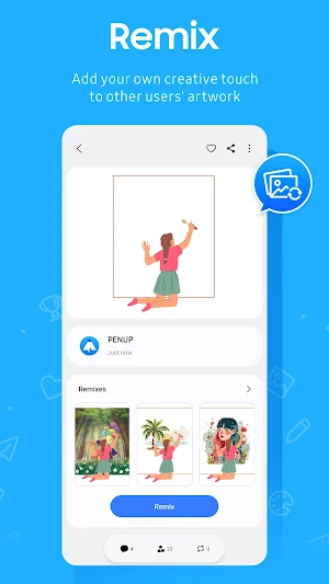 PENUP Remix page showing an original sketch of a girl painting, three user remixes and a Remix button