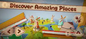 A Quebec-style windmill level on a green island, captioned discover amazing places