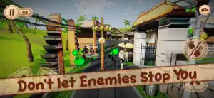A tropical Thai temple level with a green enemy, captioned don't let enemies stop you