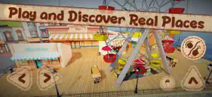 An Australian fairground with a Ferris wheel and market stalls, captioned play and discover real places