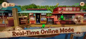 A Japanese shopfront by a canal with the co-op characters, captioned real-time online mode