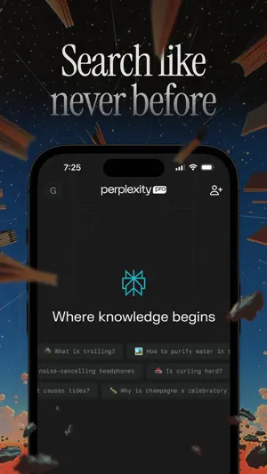 Dark home screen headed Where knowledge begins, with the Perplexity Pro logo and a scrolling row of suggested questions such as What is trolling?