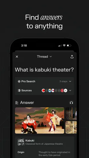 Thread titled What is kabuki theater? showing a Pro Search card with 3 steps, a row of source icons and the start of an answer with photos of kabuki performers