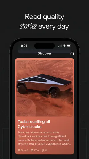 Discover feed card about Tesla Cybertrucks with a photo of the vehicle, a headline, a short summary and view, share and age counters