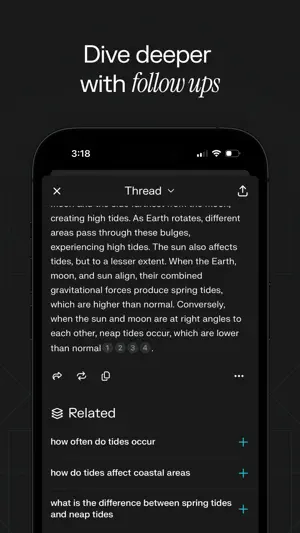 Answer about tides with numbered citation markers under the text and a Related list of follow-up questions, each with a plus button