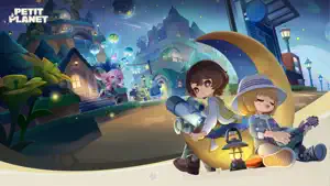 Key art of two Planet Tenders and their fuzzy helper beside a crescent moon under a starry sky