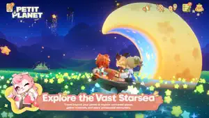 A crescent-moon boat sailing the Starsea with two characters and a cat, captioned explore the vast Starsea