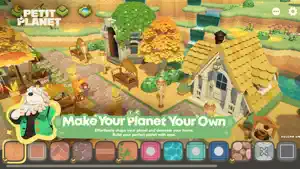 Build mode over a cottage and vegetable patch with a colour palette, captioned make your planet your own