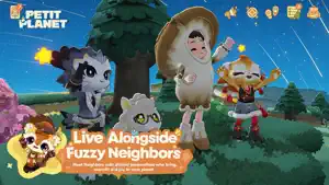 A player in a mushroom costume with Neighbors in animal outfits under a shooting star