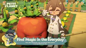 A Planet Tender holding a giant tomato in a garden beside a fuzzy helper