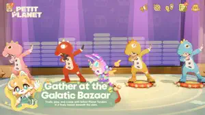 Neighbors dancing on a stage at the Galactic Bazaar with a pink-haired character