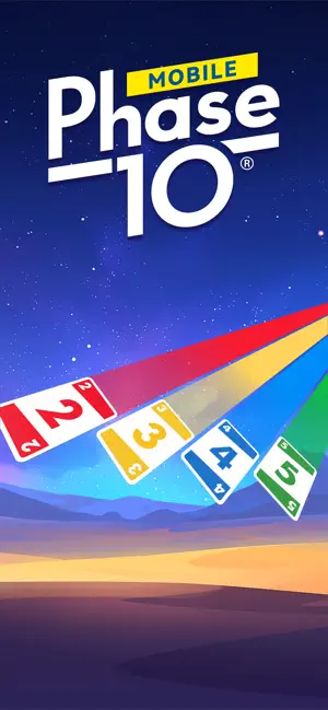 Phase 10 Mobile logo above red 2, yellow 3, blue 4 and green 5 cards trailing rainbow streaks across a starry sky
