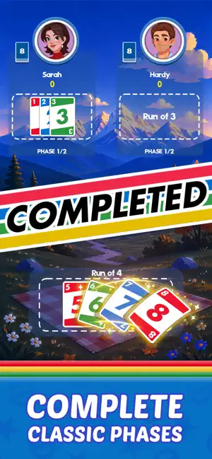 Match screen: opponent Sarah has laid down cards for Phase 1/2 while Hardy's Run of 3 slot is empty, above a COMPLETED banner and the player's 5-6-7-8 Run of 4