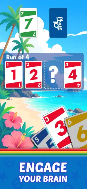 Beach-themed round: a Run of 4 reading 1, 2, a question-mark gap and 4, with a green 7 on the discard pile and a red 3 in hand