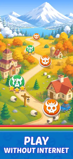 Journey map of autumn farmland below a snowy mountain, with horned-skull level markers, three-star ratings and the caption Play Without Internet