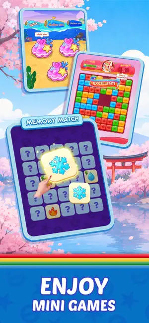 Three side games: shell matching on a beach, a colored block-clearing grid and a Memory Match board with snowflake tiles